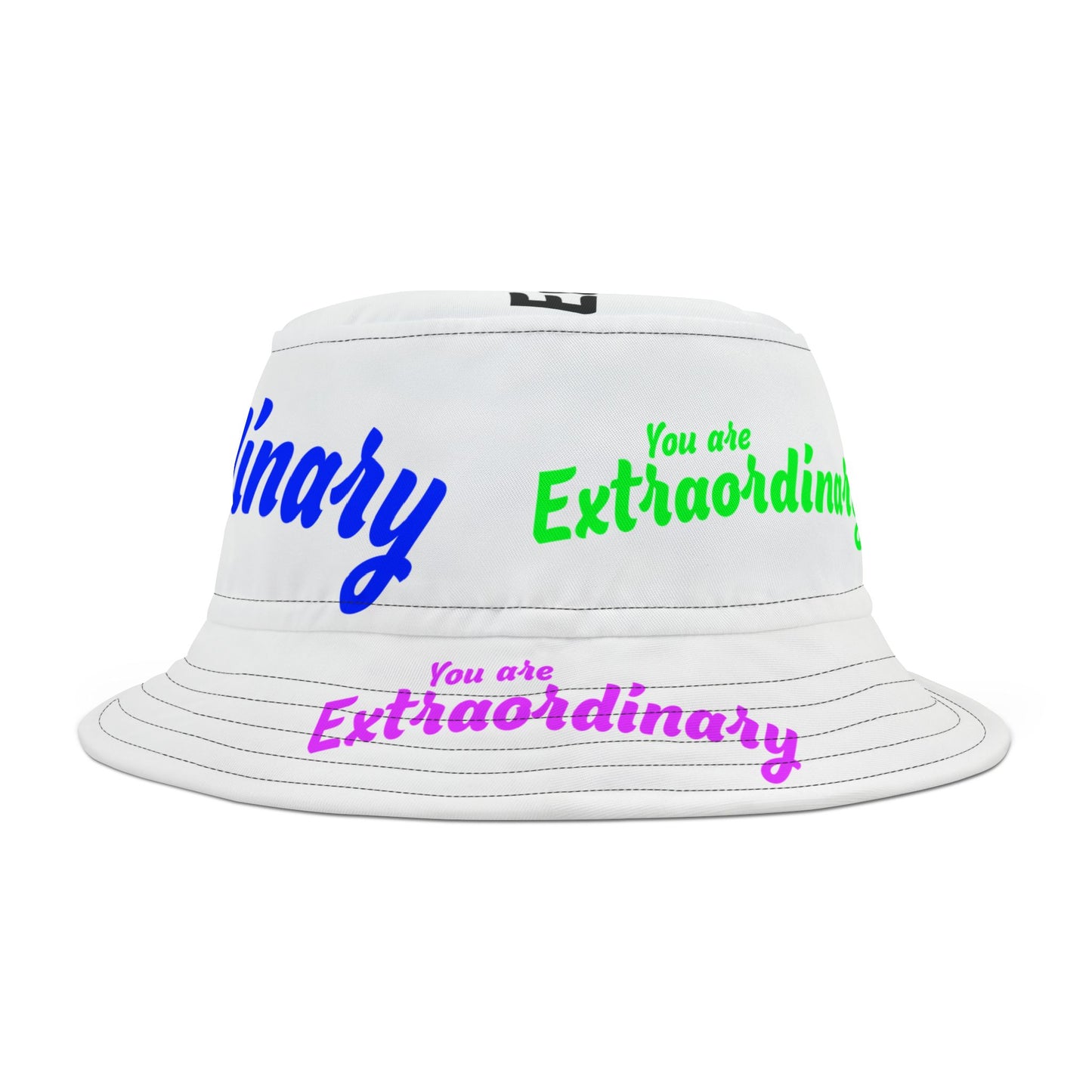 White bucket hat with motivational text in blue, green, and pink on a white background